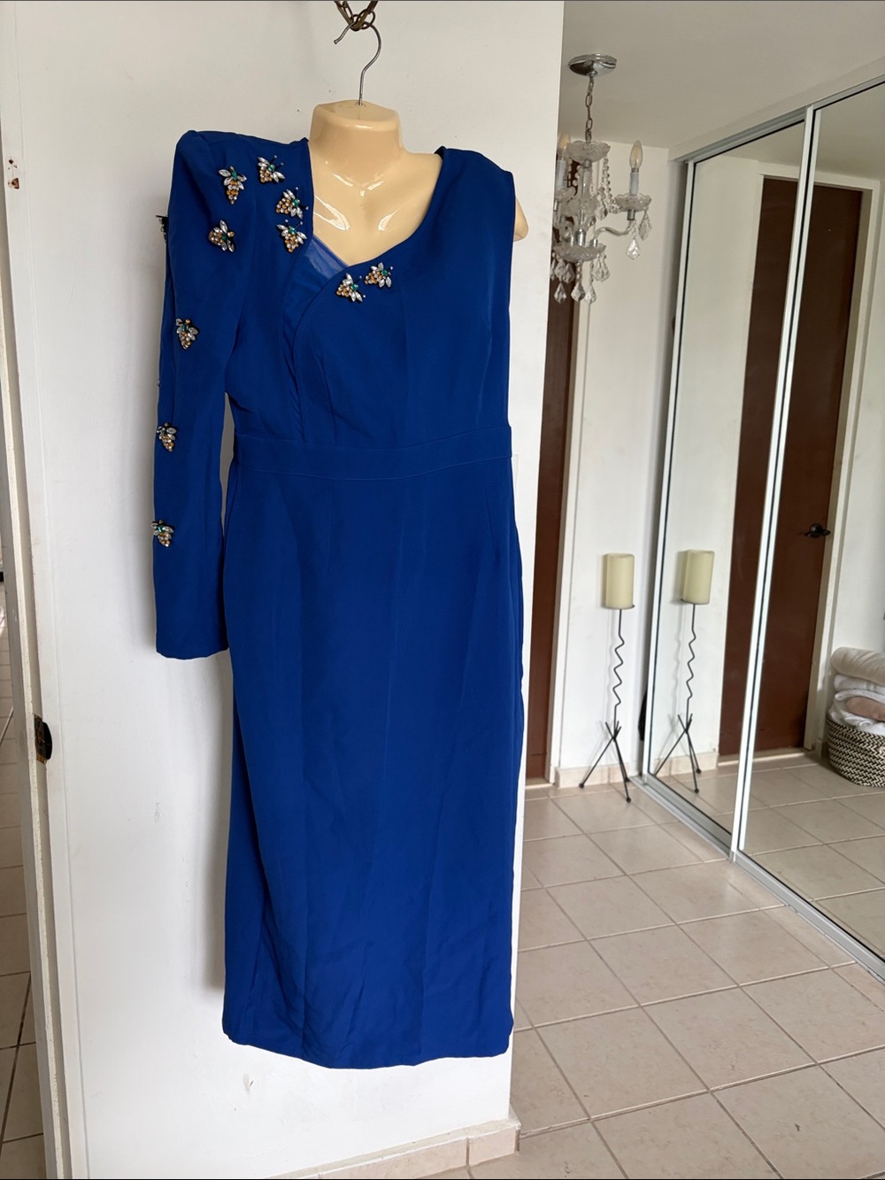 SHEIN Royal Blue Long Sleeve Embellished Midi Dress
